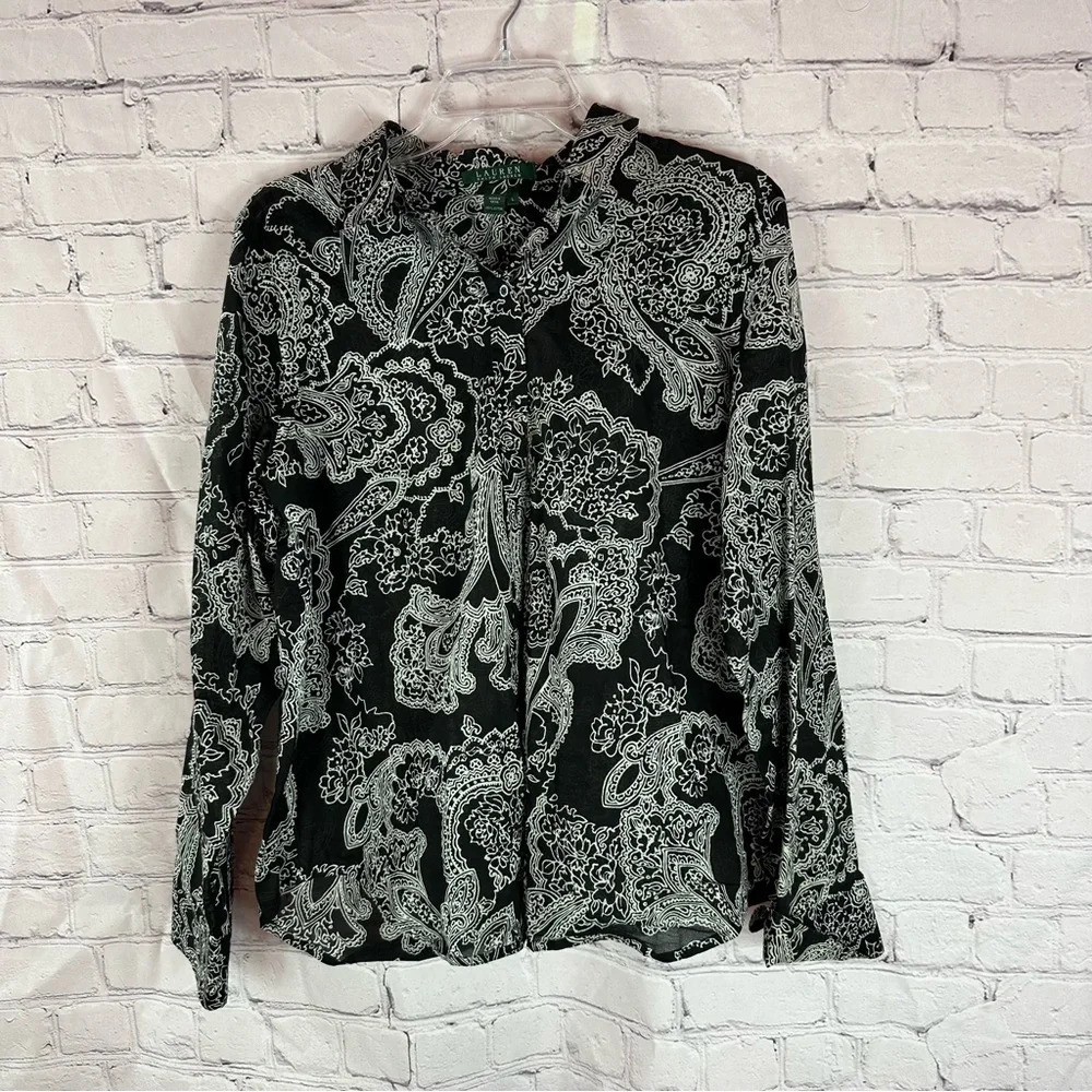 Lauren Ralph Lauren light weight cotton top black white paisley large